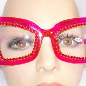 SEXY SPECS, OVERSIZED BRIGHT PINK 2.00 STRENGTH READERS PINK RHINESTONES